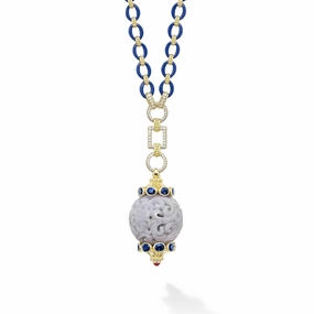 Studio 18K Gold and Diamond Link Necklace with Blue Sapphires and Lavender Jade Ball Pendant