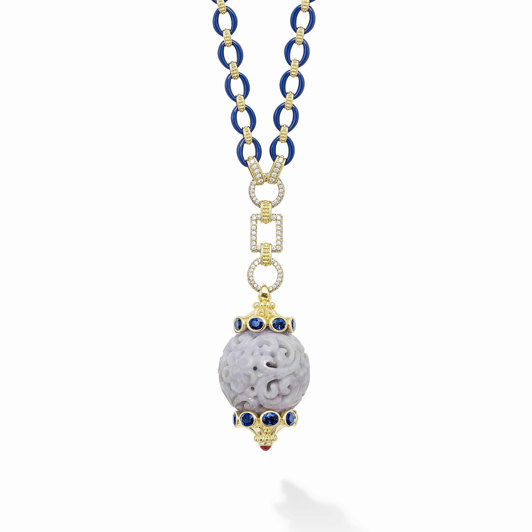 Studio 18K Gold and Diamond Link Necklace with Blue Sapphires and Lavender Jade Ball Pendant