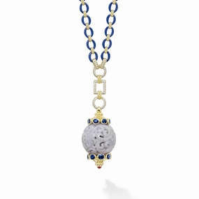 Studio 18K Gold and Diamond Link Necklace with Blue Sapphires and Lavender Jade Ball Pendant