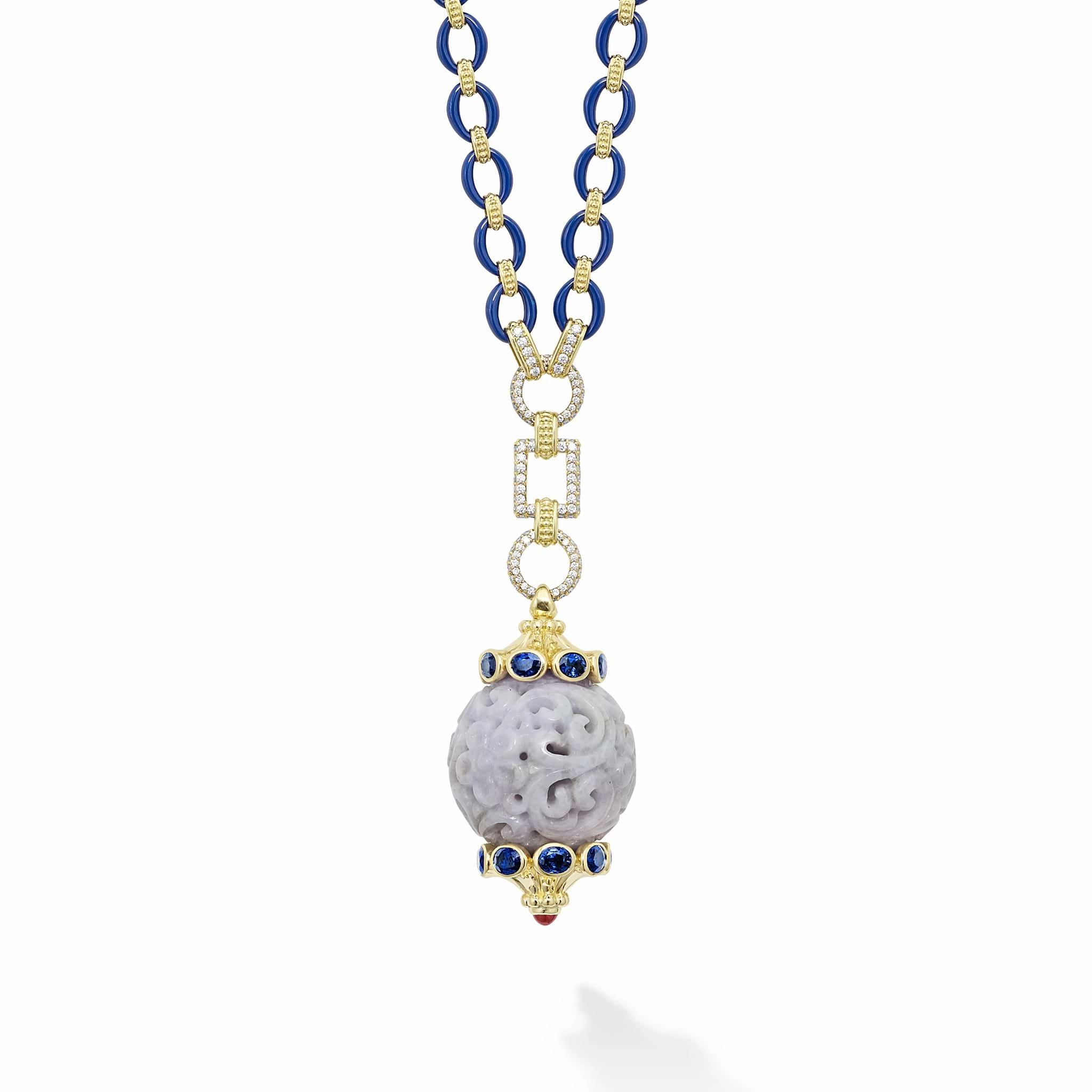 Studio 18K Gold and Diamond Link Necklace with Blue Sapphires and Lavender Jade Ball Pendant