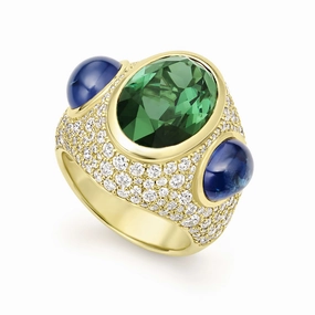 Studio 18K Gold Green Tourmaline and Blue Sapphire Diamond Ring