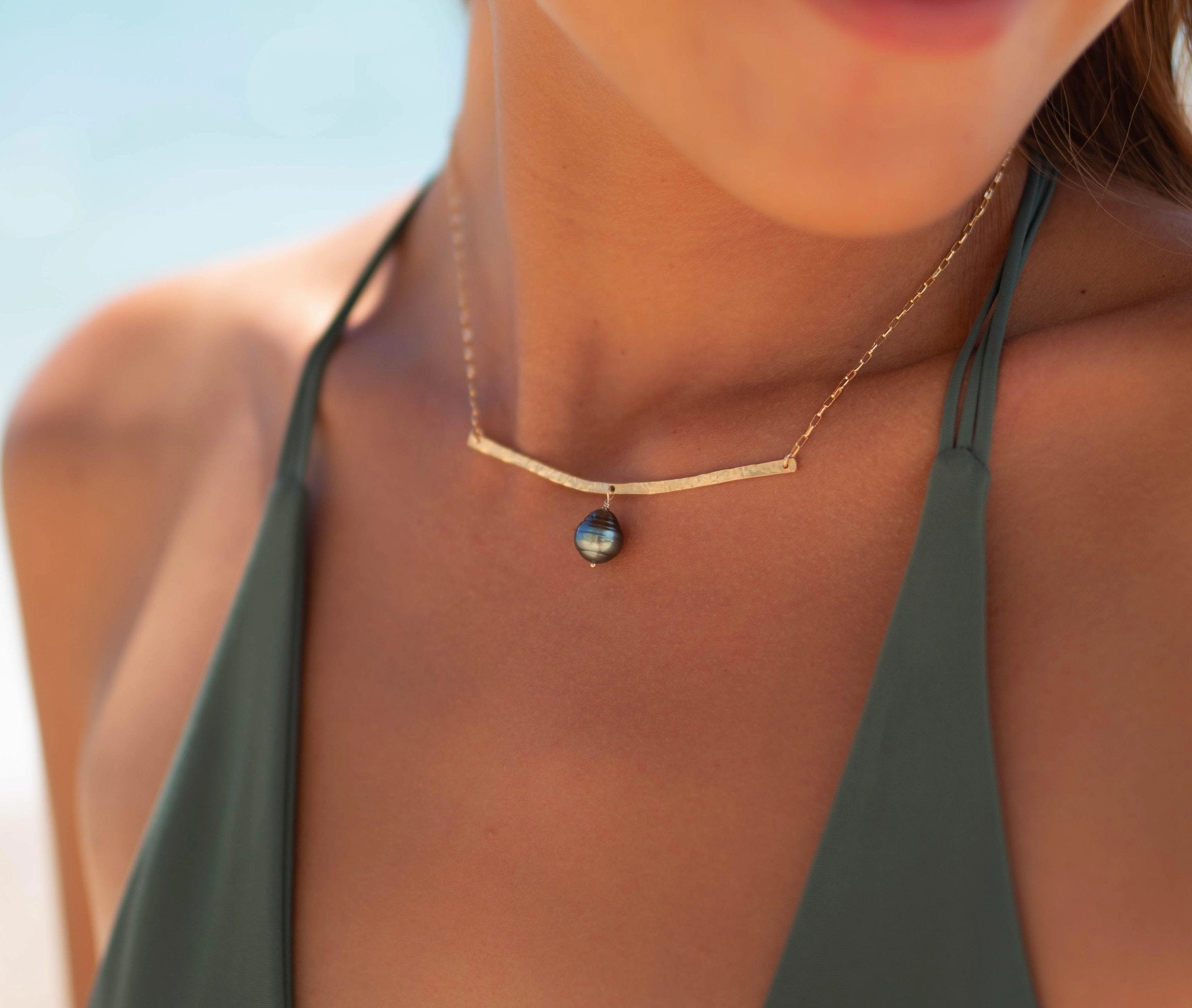 Tahitian Pearl Bar necklace ~ Gold Filled or Sterling Silver ~ MN064