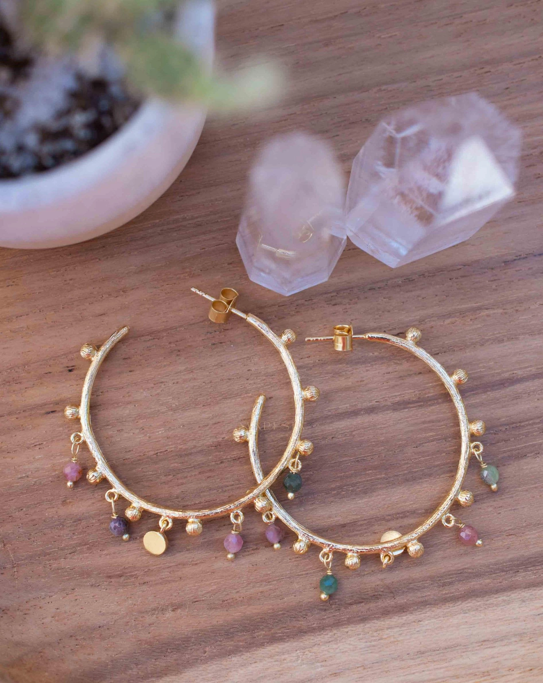 Tourmaline Hoop Earrings ~ 18k Gold Plated Earrings ~ ME213
