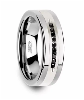 Tungsten Blackstone 8mm Silver Inlay Center And Black Diamonds Flat Wedding Band
