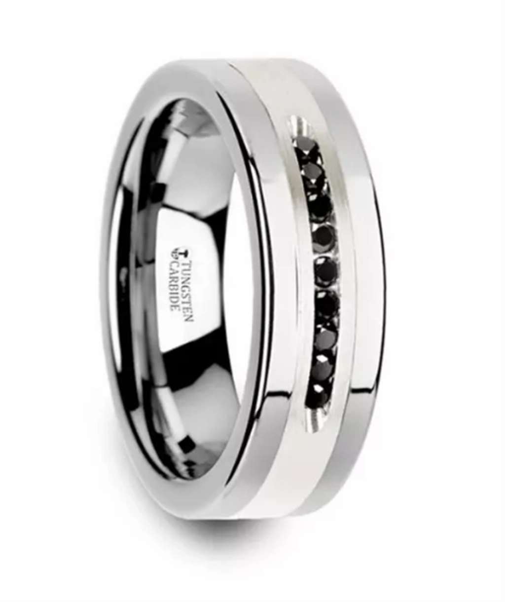Tungsten Blackstone 8mm Silver Inlay Center And Black Diamonds Flat Wedding Band