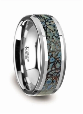 Tungsten Carbide Devonian 8mm Blue Dinosaur Bone Inlaid Wedding Band