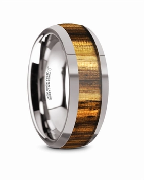 Tungsten Carbide Tigre 8mm Zebra Wood Inlaid Domed Wedding Band