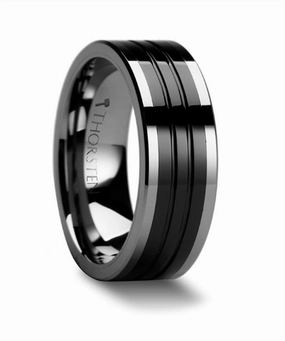 Tungsten Edinburgh 8mm Flat Grooved Black Ceramic Inlay Wedding Band