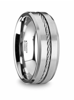Tungsten Lannister 8mm Steel Wire Cable Inlay Flat Wedding Band