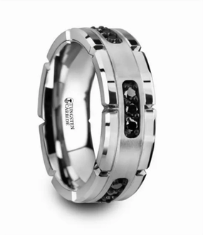 Tungsten Valor 8mm Silver Inlay With Black Diamonds Grooved Wedding Band