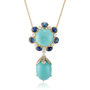 Turquoise, Sapphire & Diamond Cluster Pendant Necklace