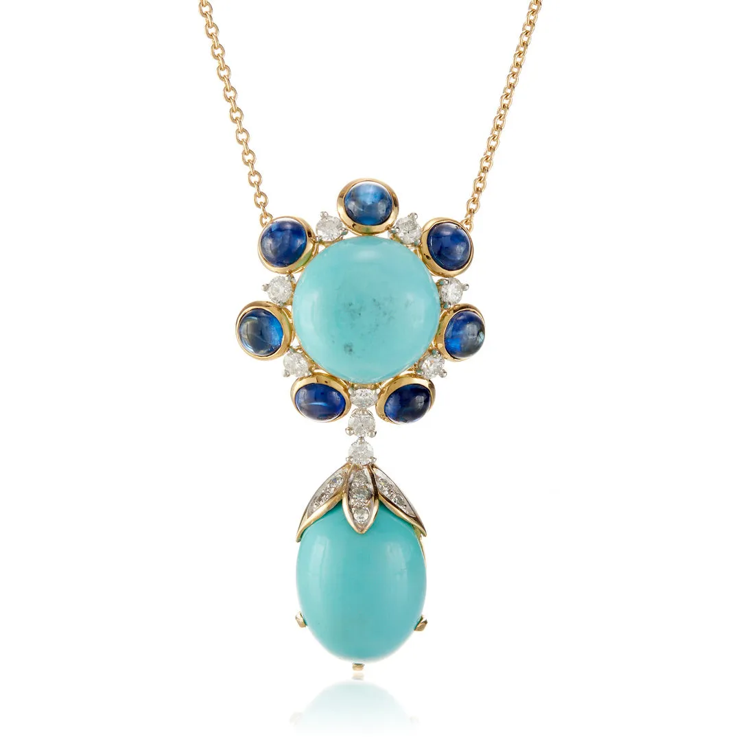 Turquoise, Sapphire & Diamond Cluster Pendant Necklace