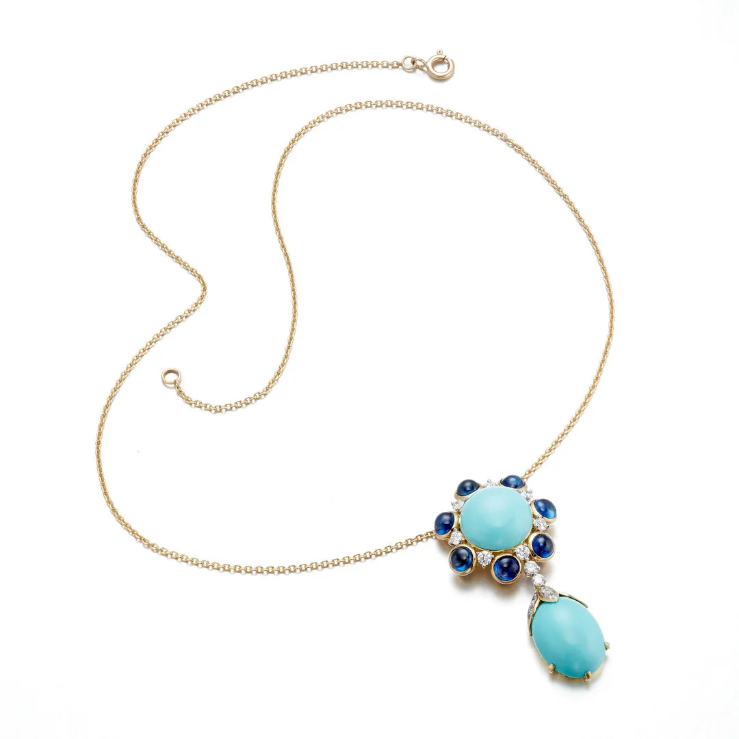 Turquoise, Sapphire & Diamond Cluster Pendant Necklace