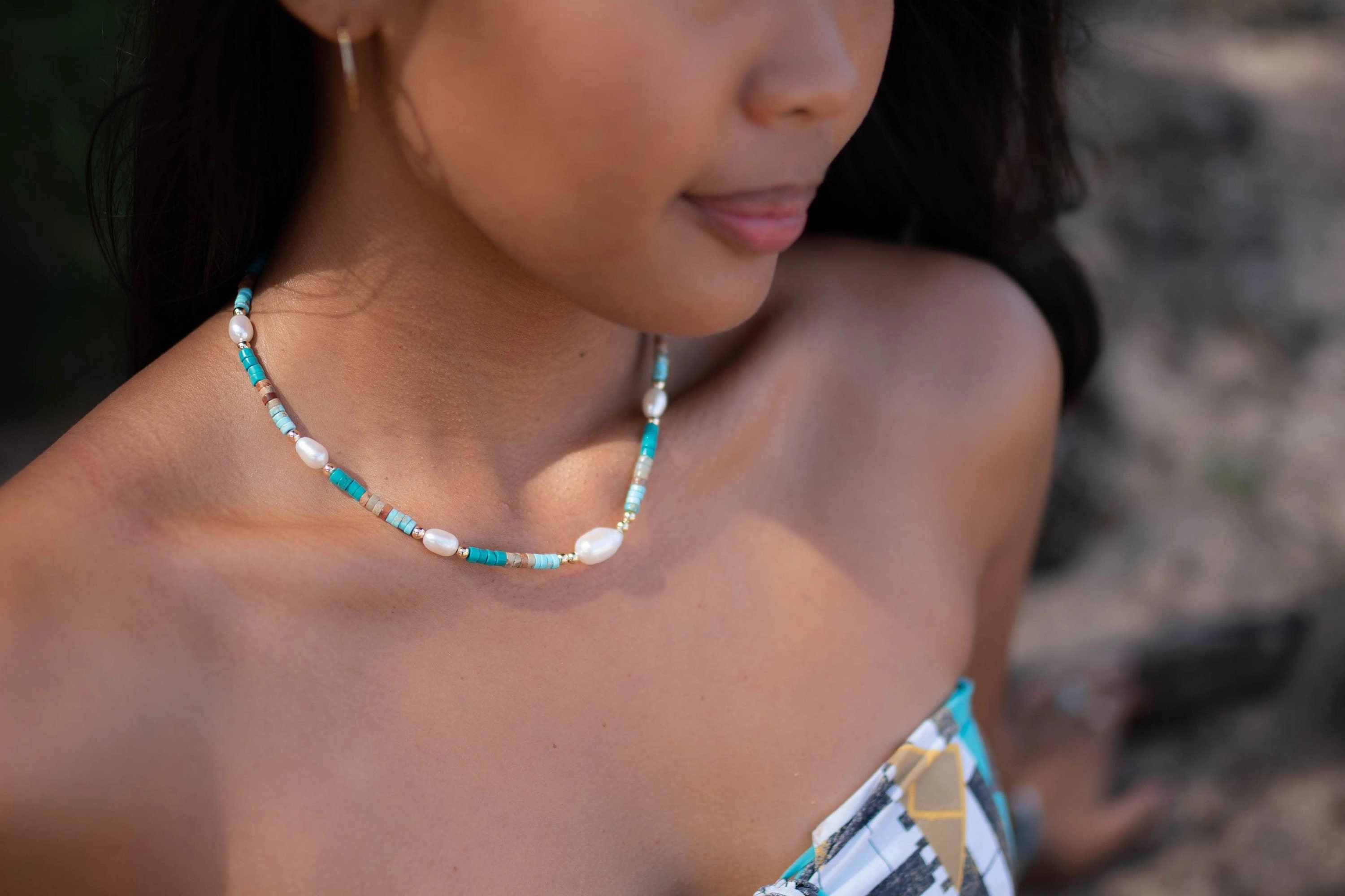 Turquoise and Pearl necklace~ Sterling Silver 925 or Gold Filled ~MN059