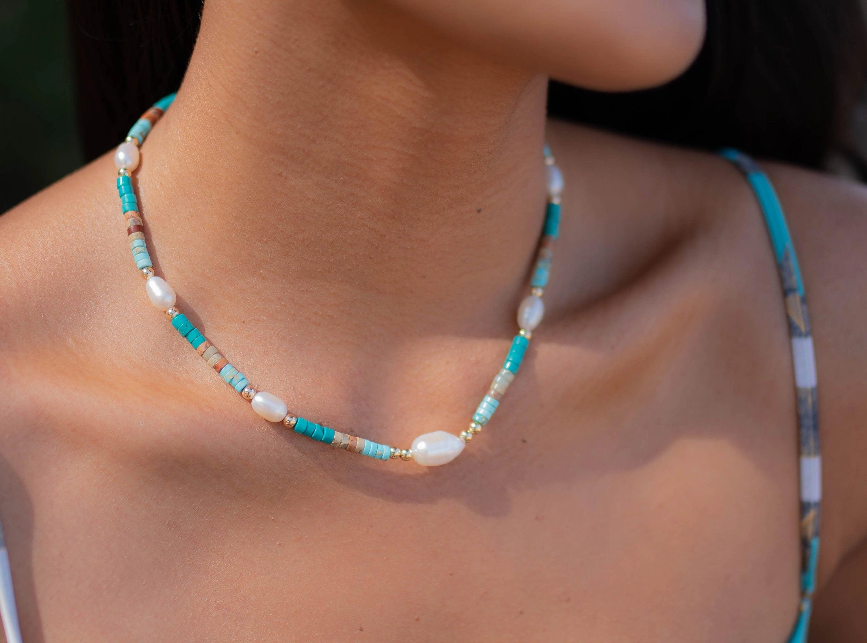 Turquoise and Pearl necklace~ Sterling Silver 925 or Gold Filled ~MN059