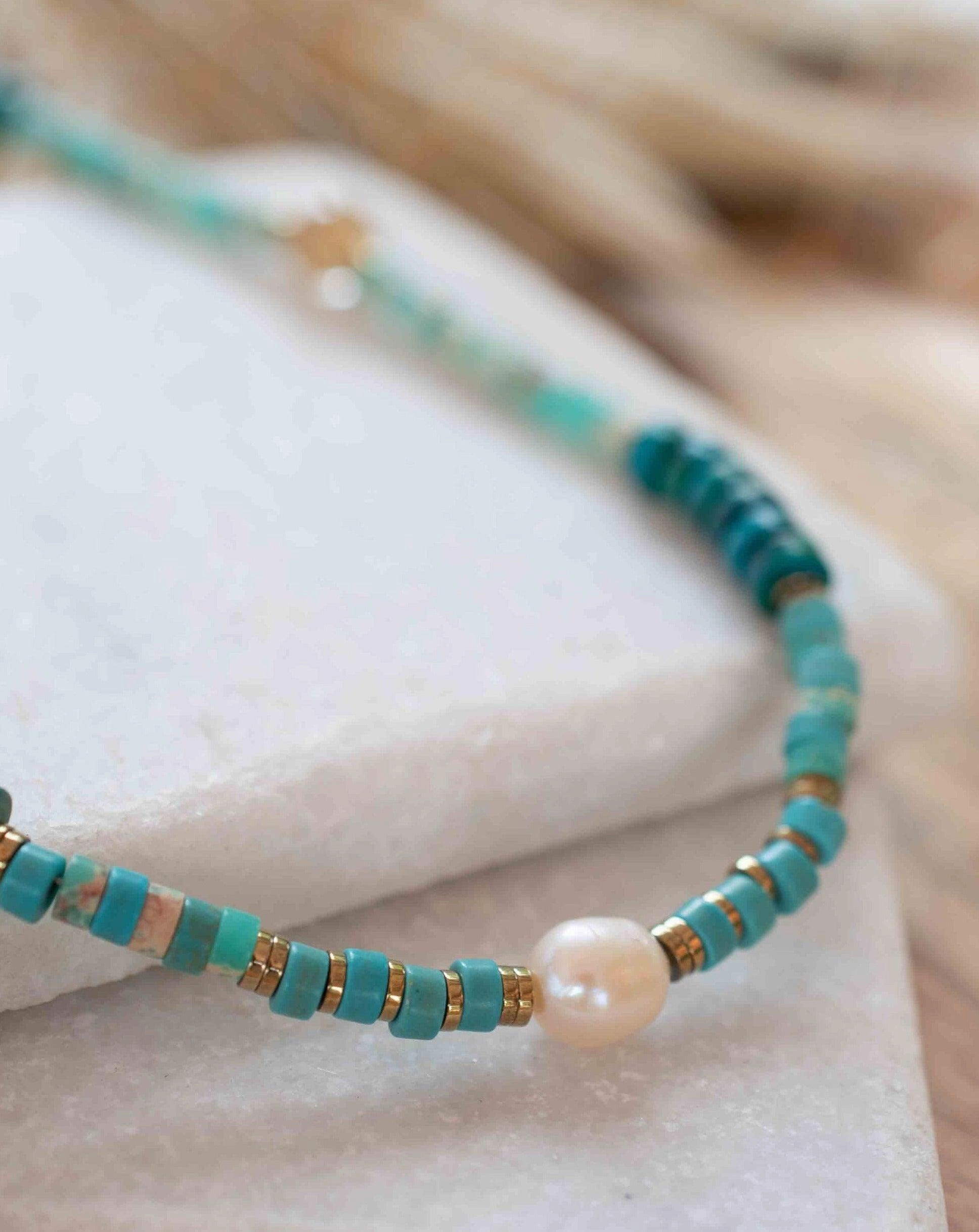 Turquoise, Jasper and Pearl necklace~ Gold Filled ~ Choker ~ MN095