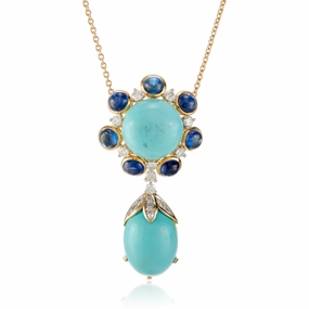 Turquoise, Sapphire & Diamond Cluster Pendant Necklace