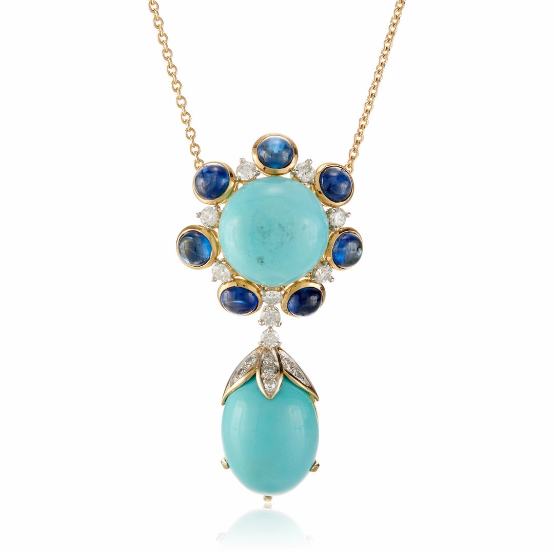 Turquoise, Sapphire & Diamond Cluster Pendant Necklace