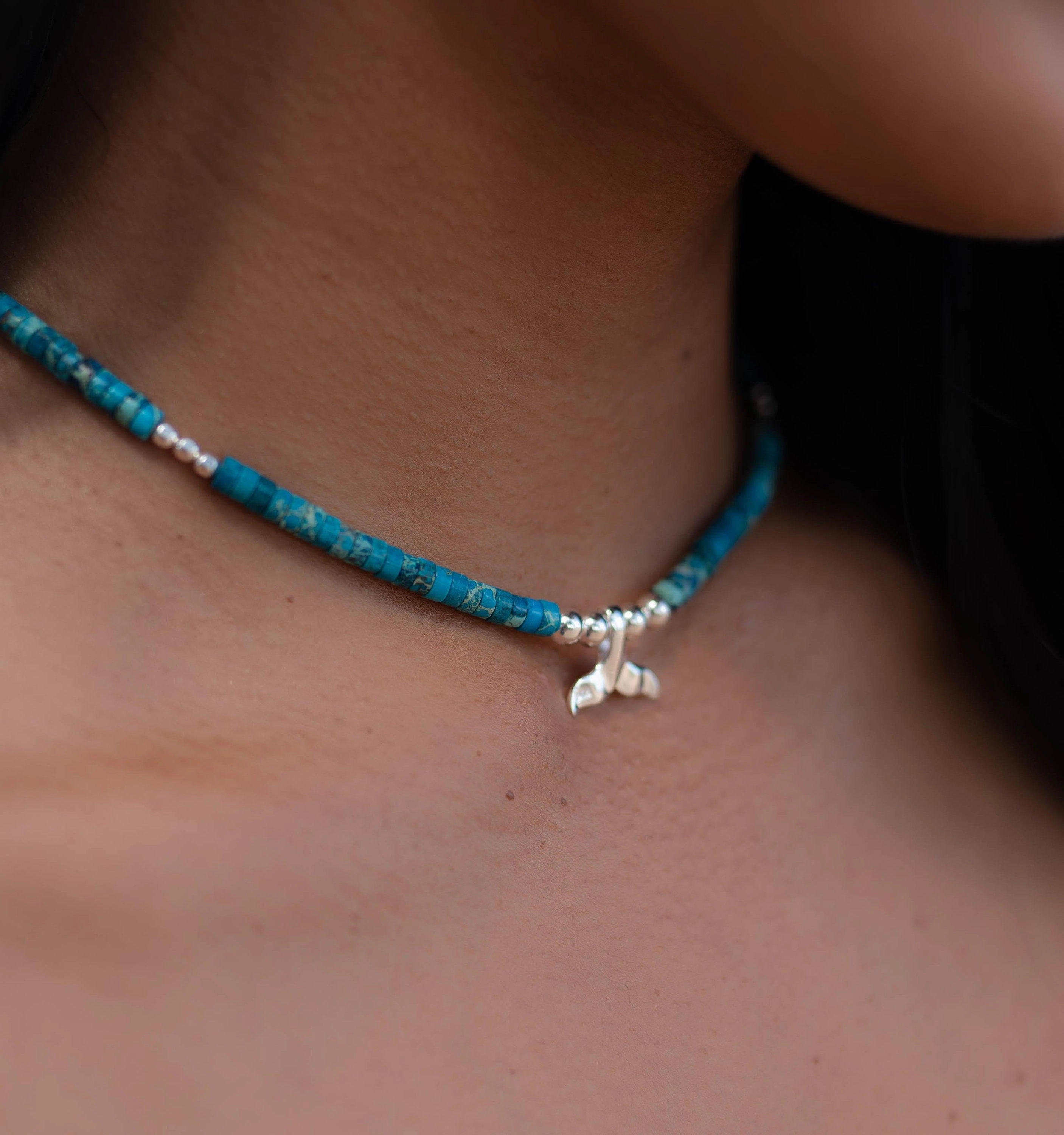 Turquoise whale tail necklace~ Sterling Silver 925~MN061