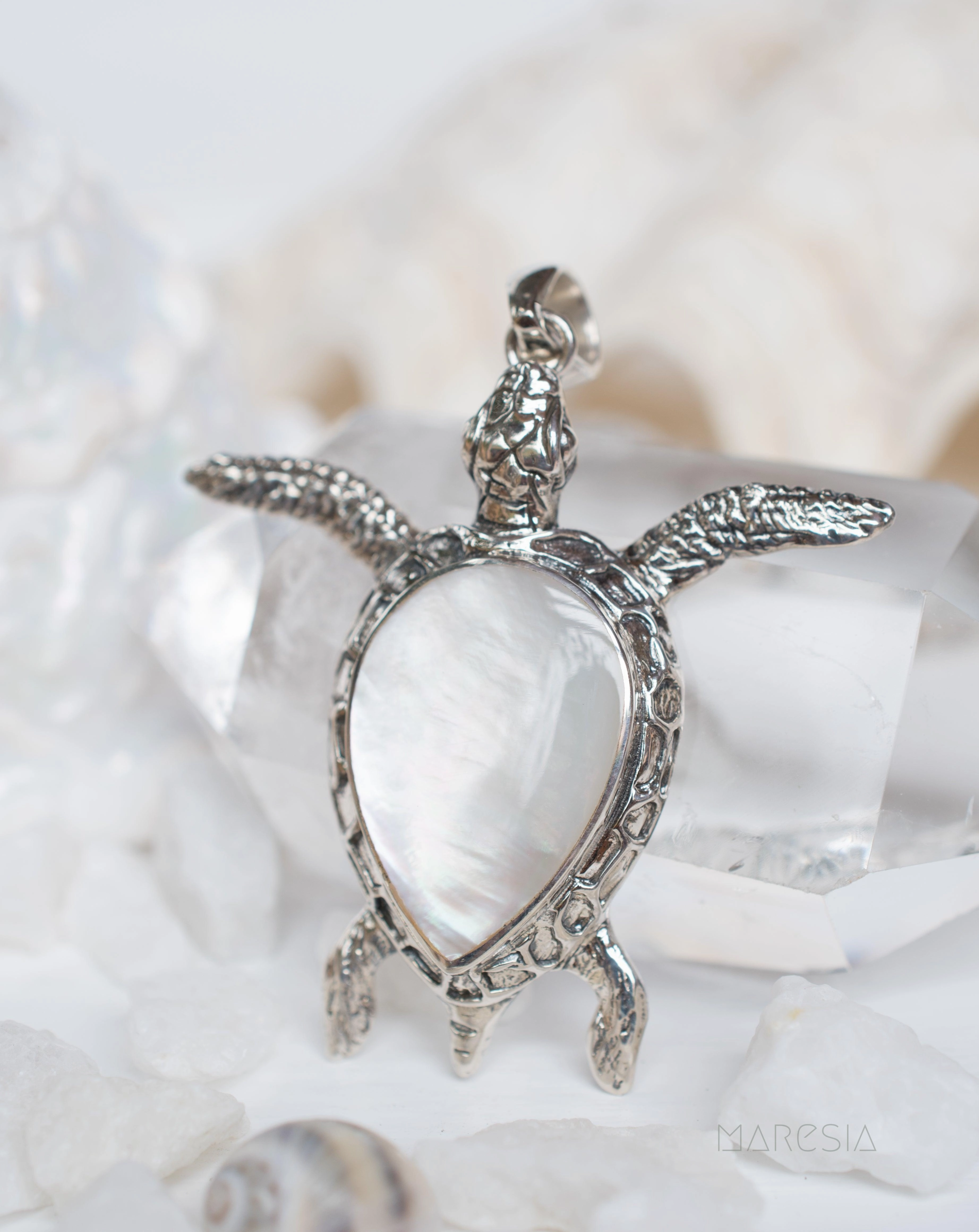 Turtle Large Pendant ~ Mother of Pearl  or Coral ~ Sterling Silver 925 ~SMP027