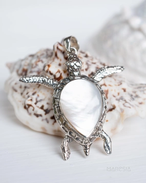 Turtle Large Pendant ~ Mother of Pearl  or Coral ~ Sterling Silver 925 ~SMP027