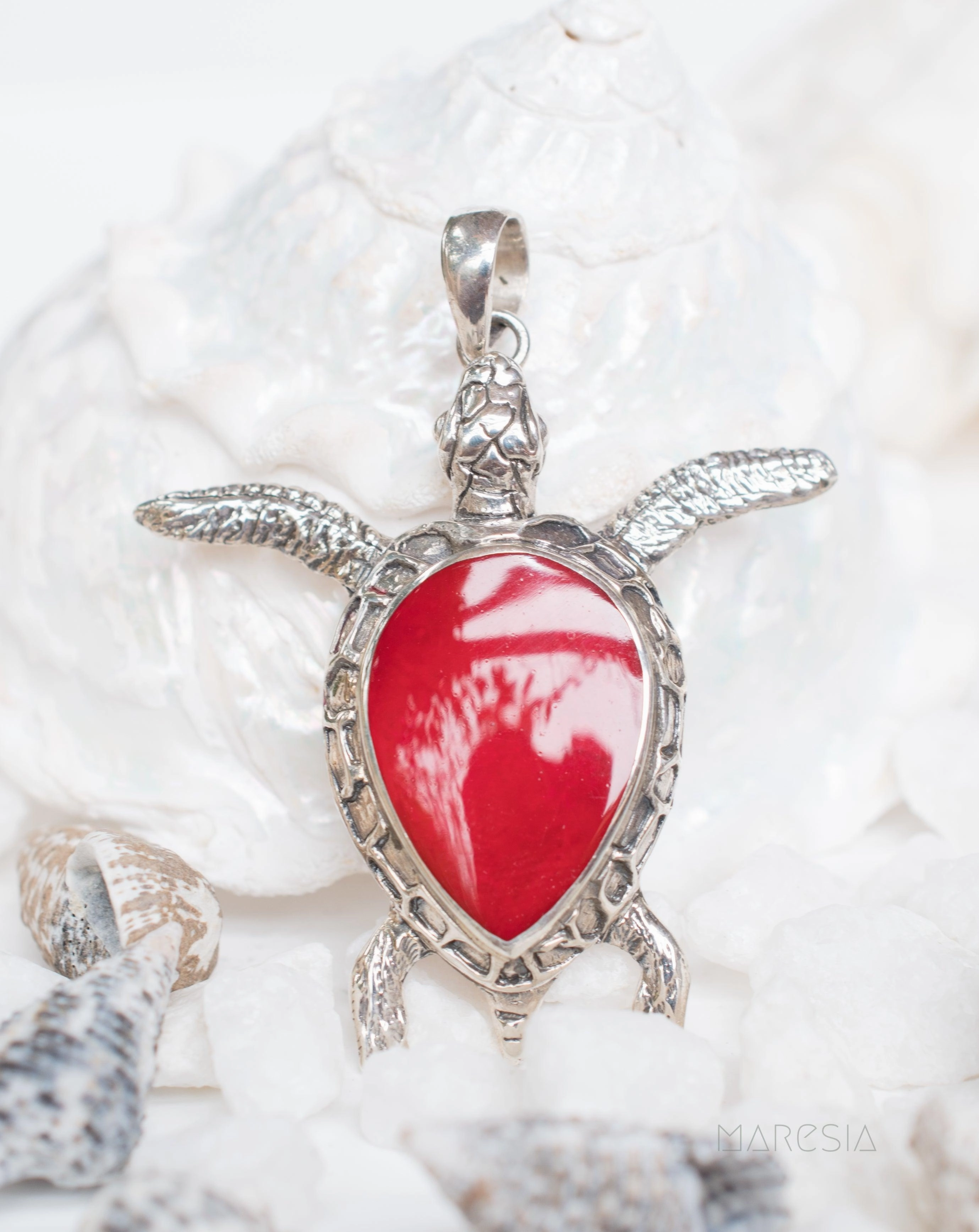 Turtle Large Pendant ~ Mother of Pearl  or Coral ~ Sterling Silver 925 ~SMP027