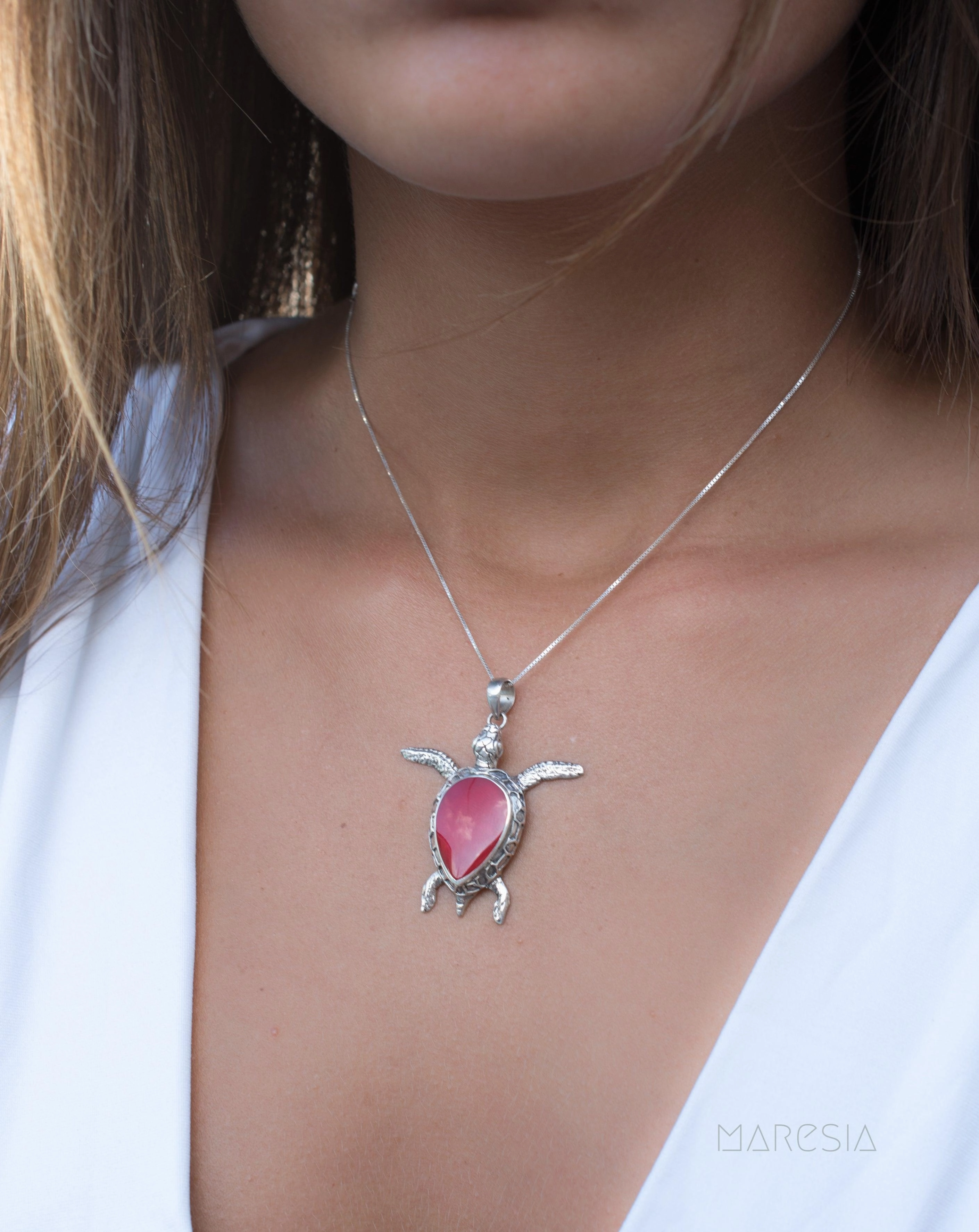 Turtle Large Pendant ~ Mother of Pearl  or Coral ~ Sterling Silver 925 ~SMP027