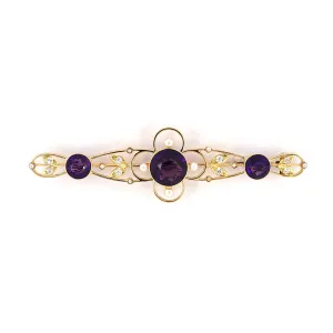 Victorian Amethyst, Diamond & Pearl Scroll Floral Bar Pin