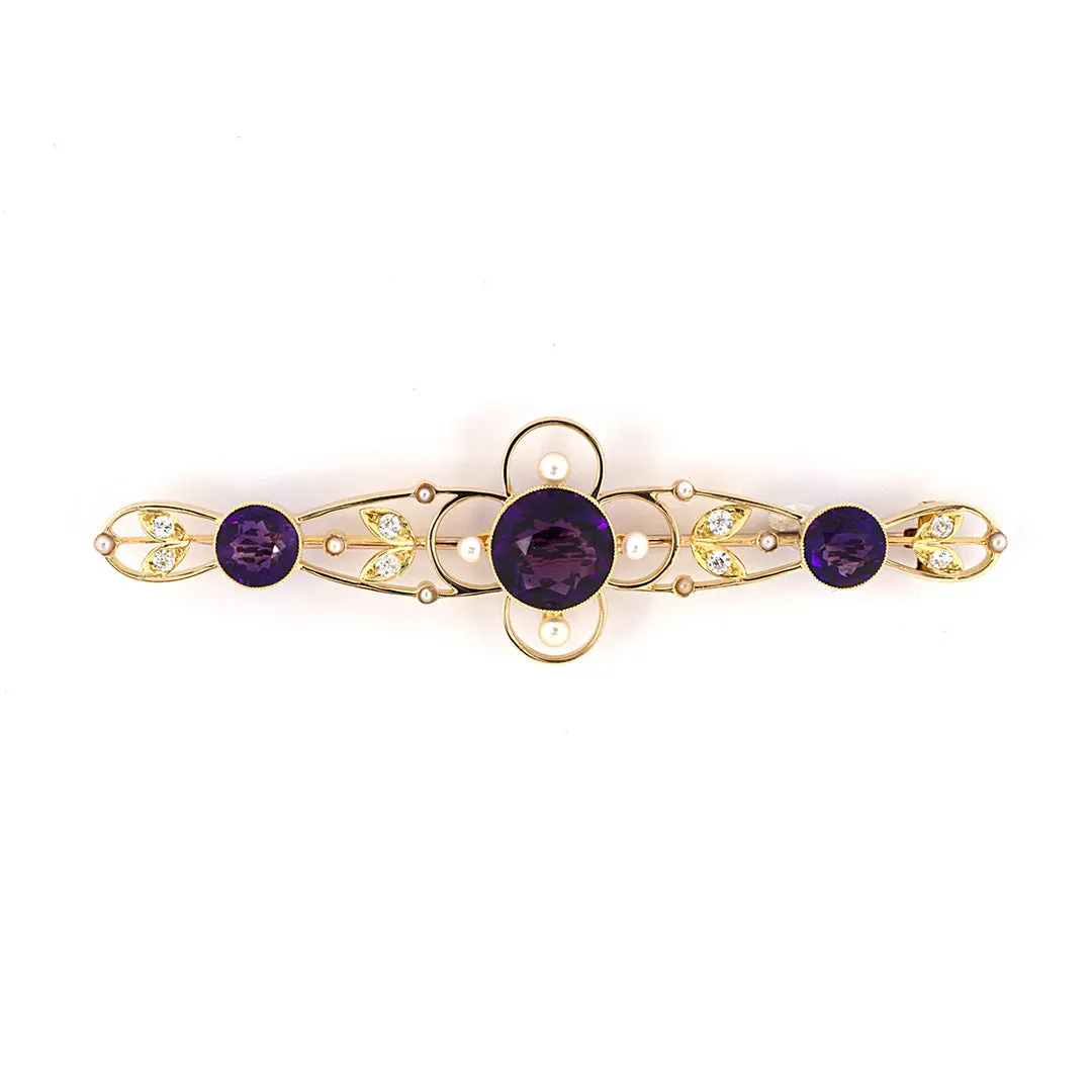 Victorian Amethyst, Diamond & Pearl Scroll Floral Bar Pin