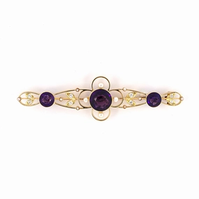 Victorian Amethyst, Diamond & Pearl Scroll Floral Bar Pin
