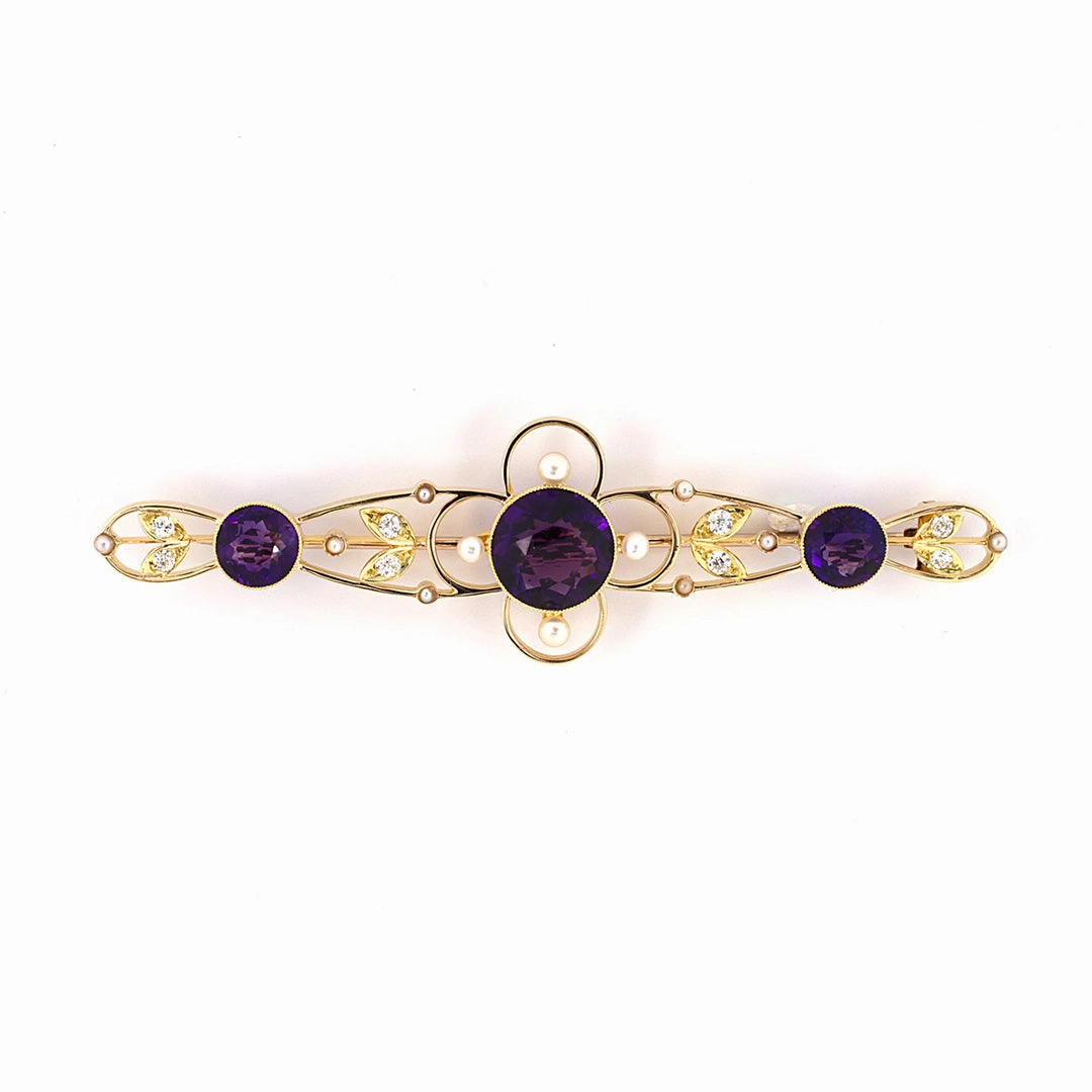 Victorian Amethyst, Diamond & Pearl Scroll Floral Bar Pin