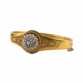 Victorian Etruscan-Revival 1/2-Pearl Hinged Bangle Bracelet