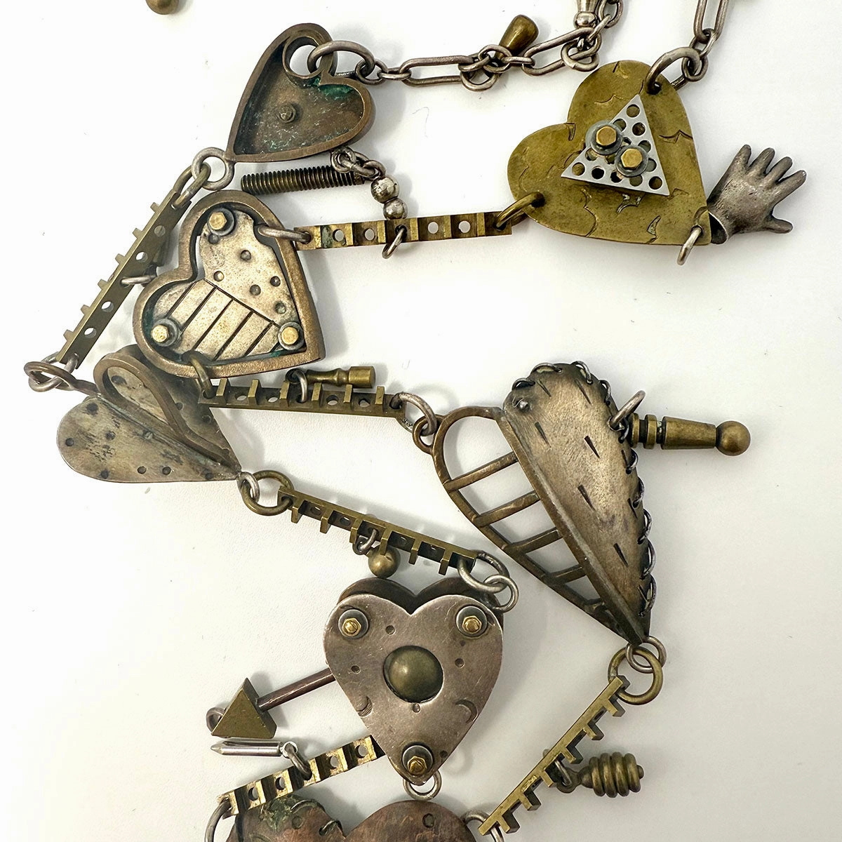 Vintage Thomas Mann Mixed Metal Steampunk Heart Charm Link Necklace