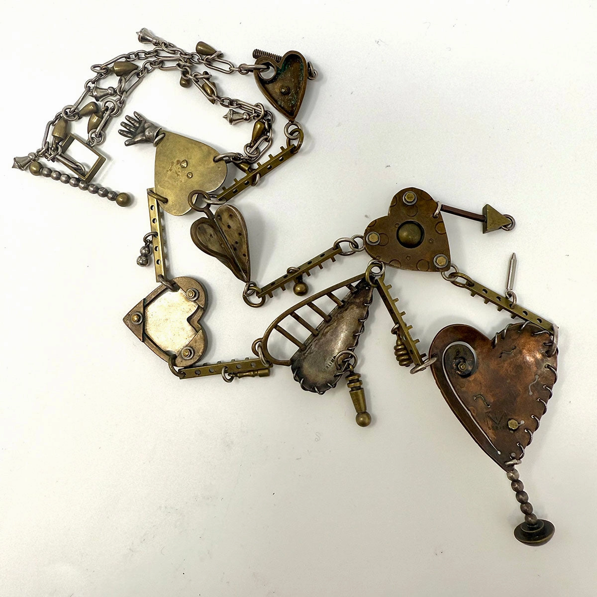 Vintage Thomas Mann Mixed Metal Steampunk Heart Charm Link Necklace