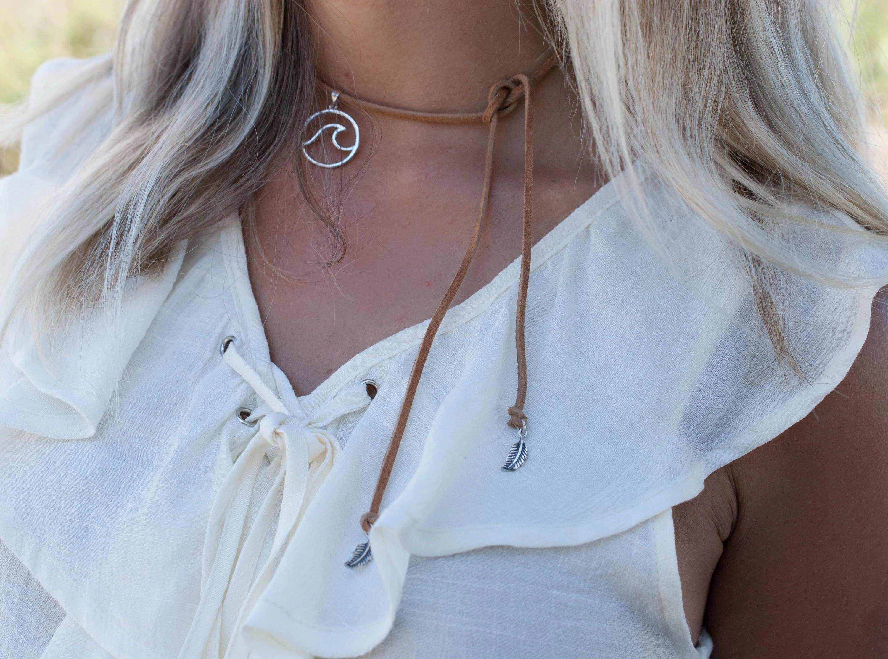 Wave & Leaf ~ Leather Choker ~ Sterling Silver 925~MN037