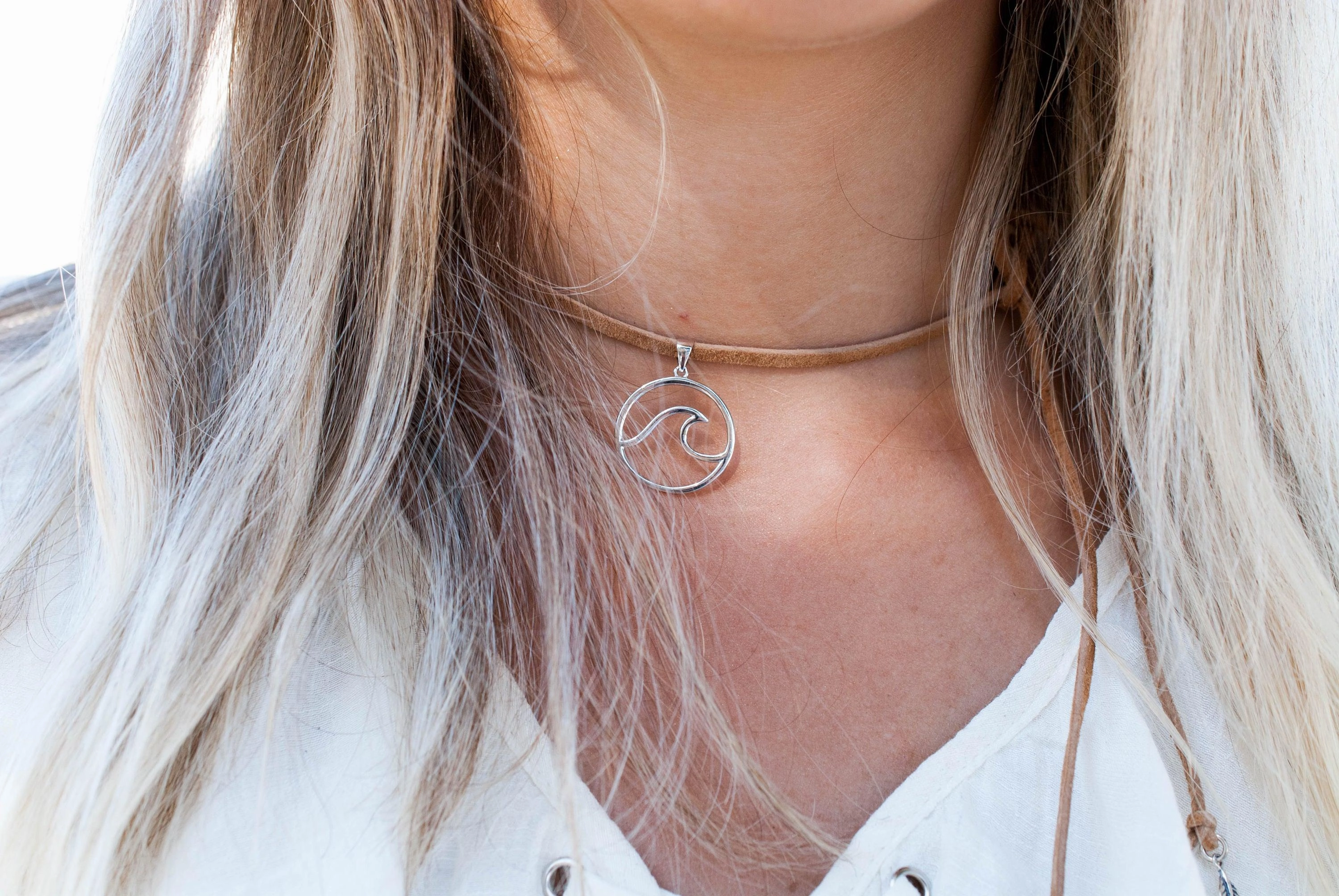 Wave & Leaf ~ Leather Choker ~ Sterling Silver 925~MN037