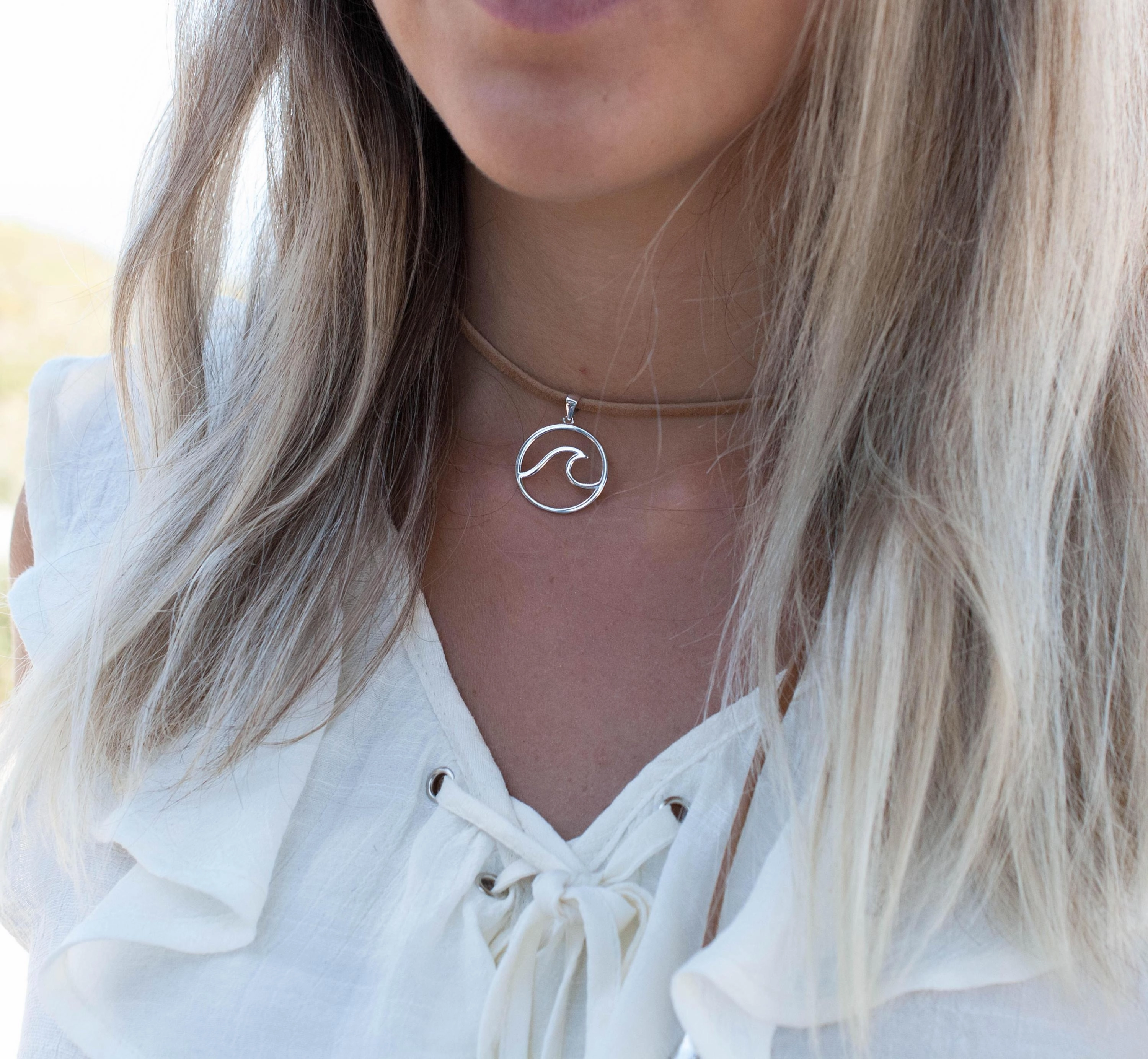 Wave & Leaf ~ Leather Choker ~ Sterling Silver 925~MN037