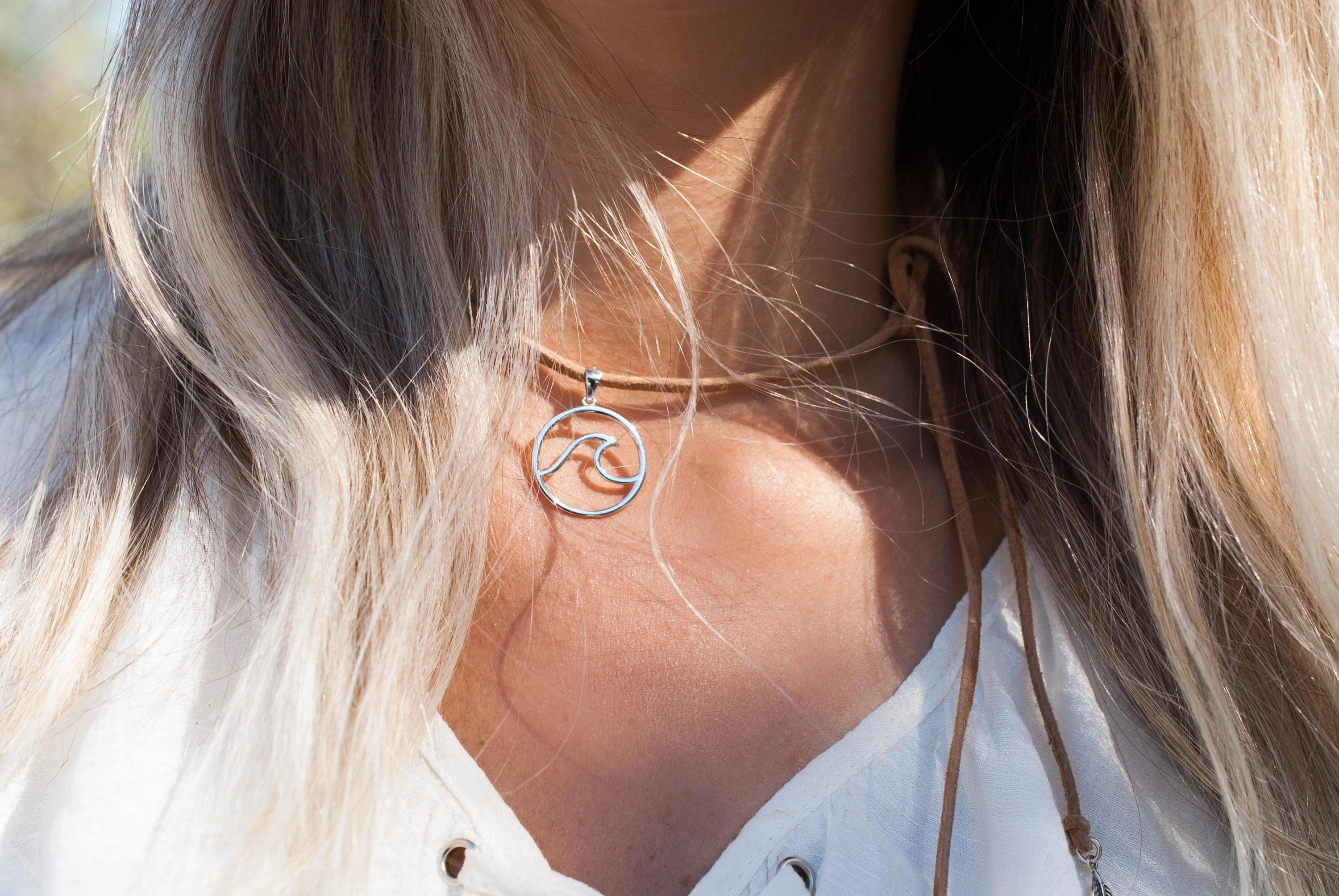 Wave & Leaf ~ Leather Choker ~ Sterling Silver 925~MN037