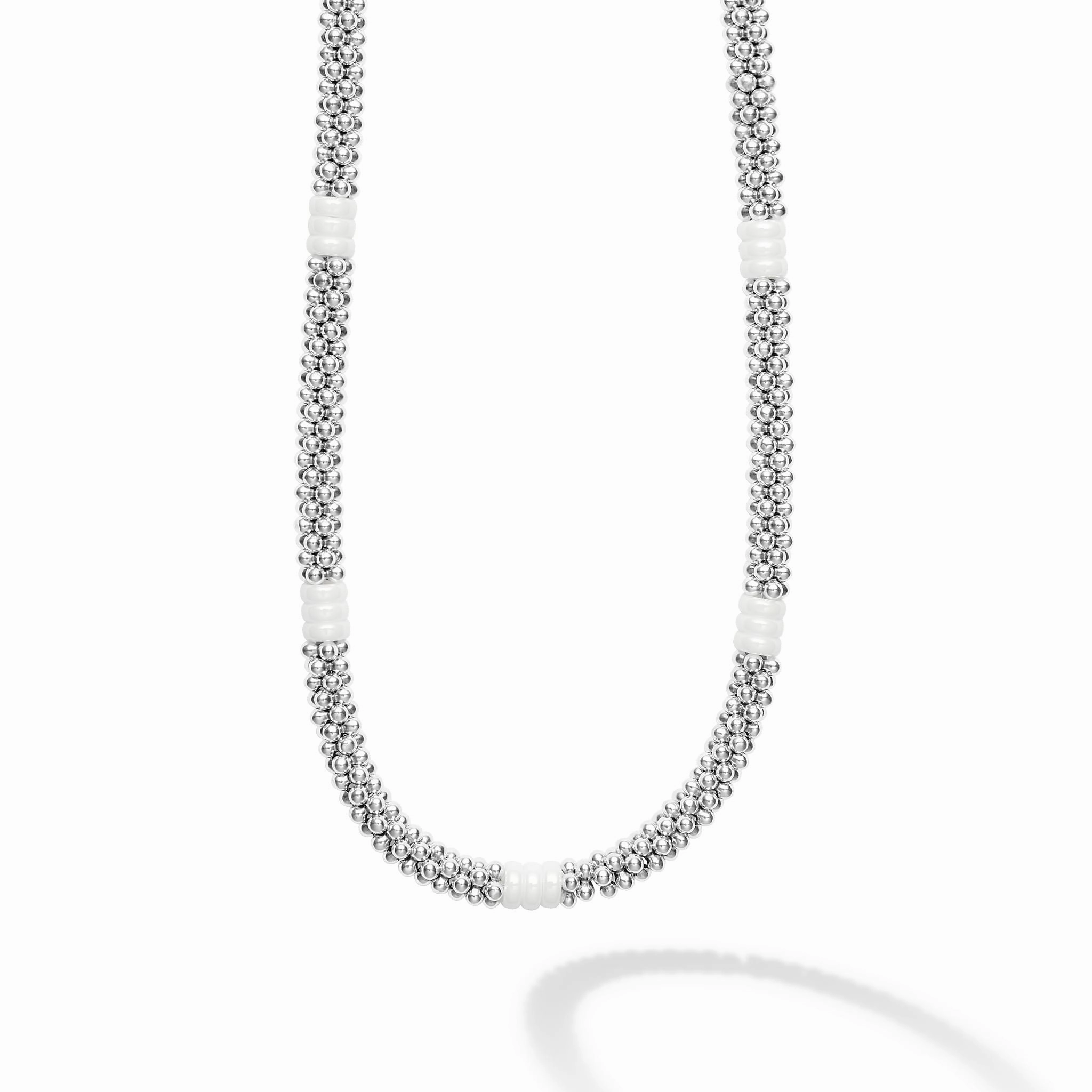 White Caviar White Ceramic Three Bead Station Caviar Necklace