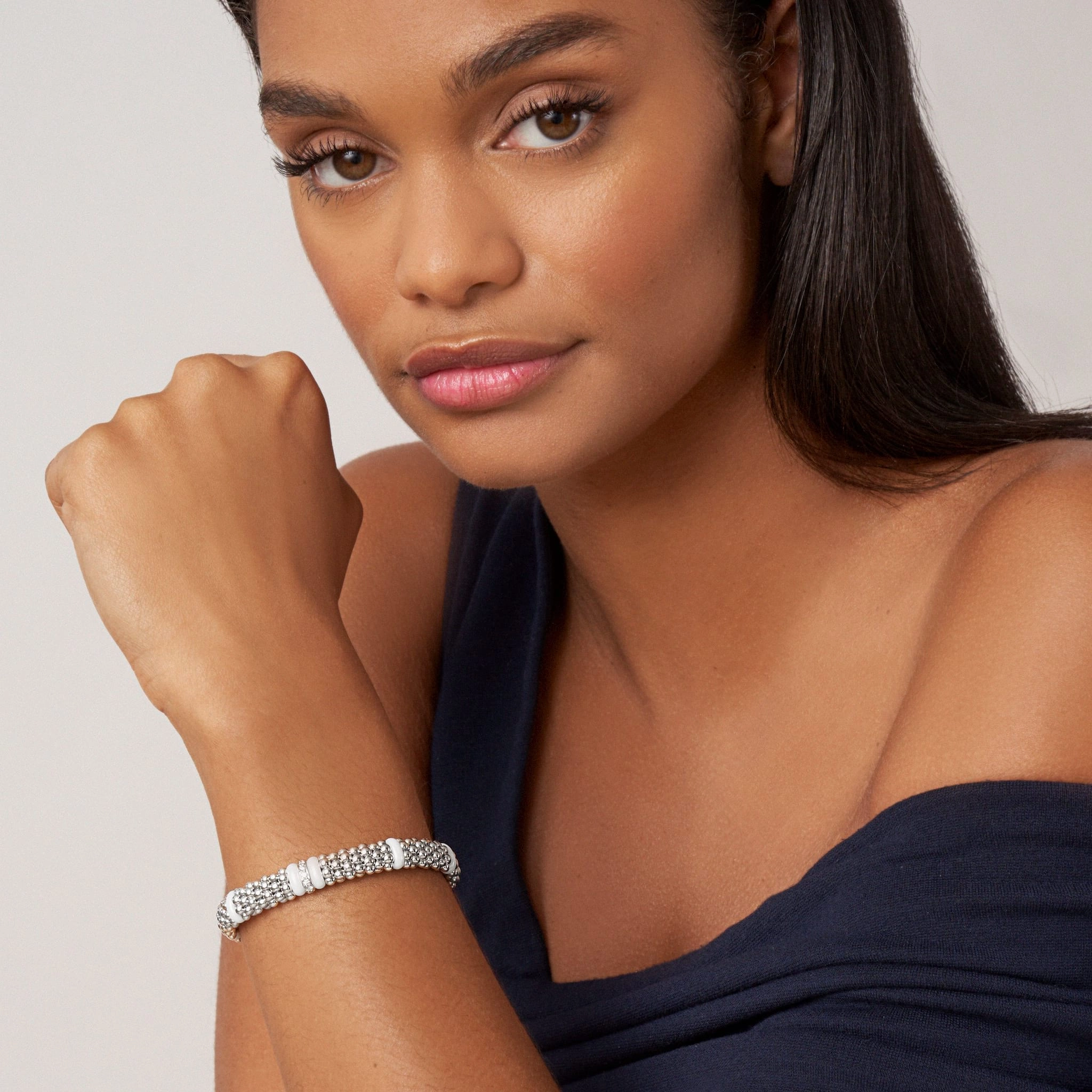 White Caviar White Single Station Diamond Caviar Bracelet | 9mm