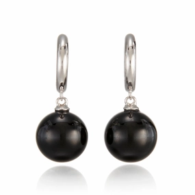 White Gold Hoop & Black Jade Bead Earrings