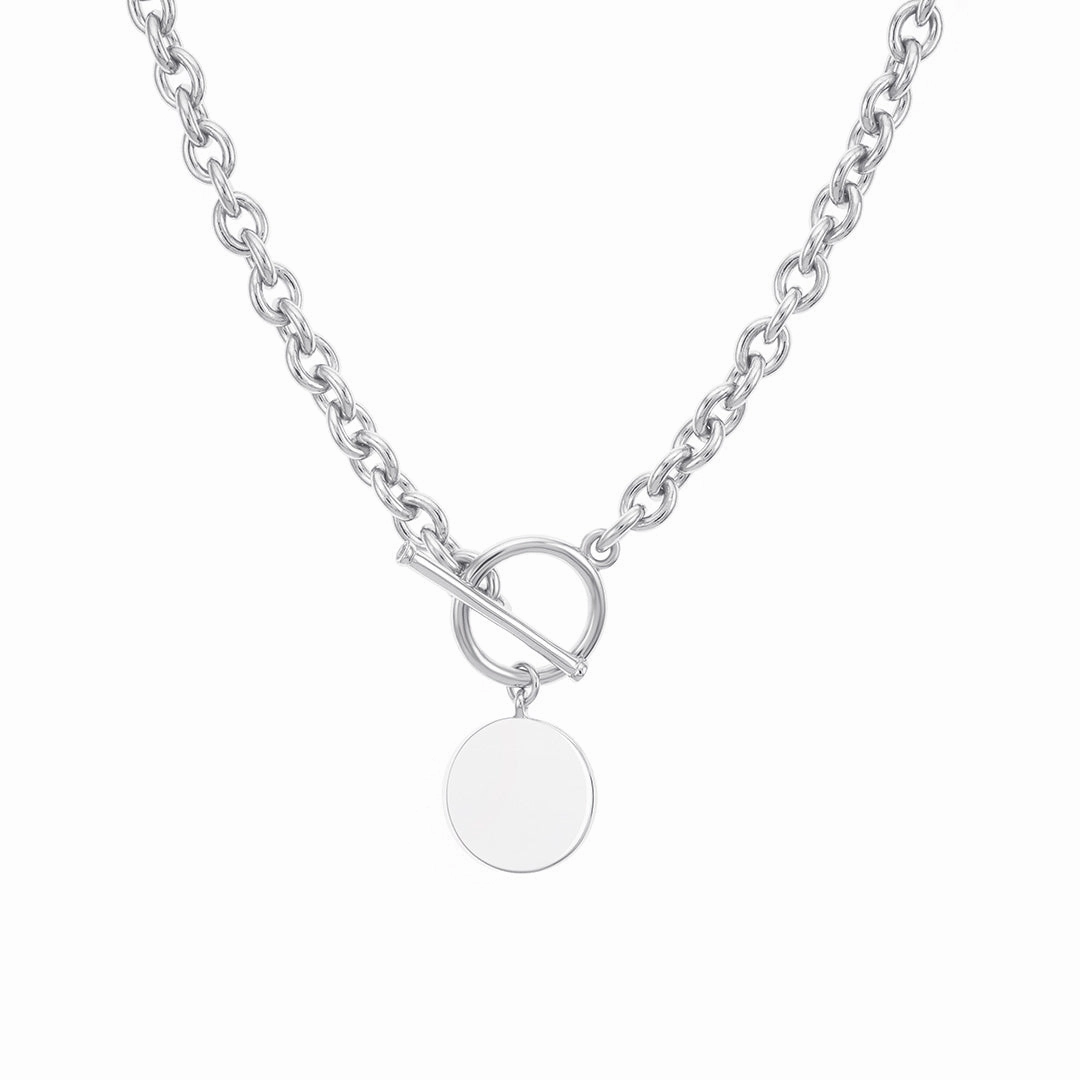 White Sapphire & Silver Toggle Necklace with Round Disc