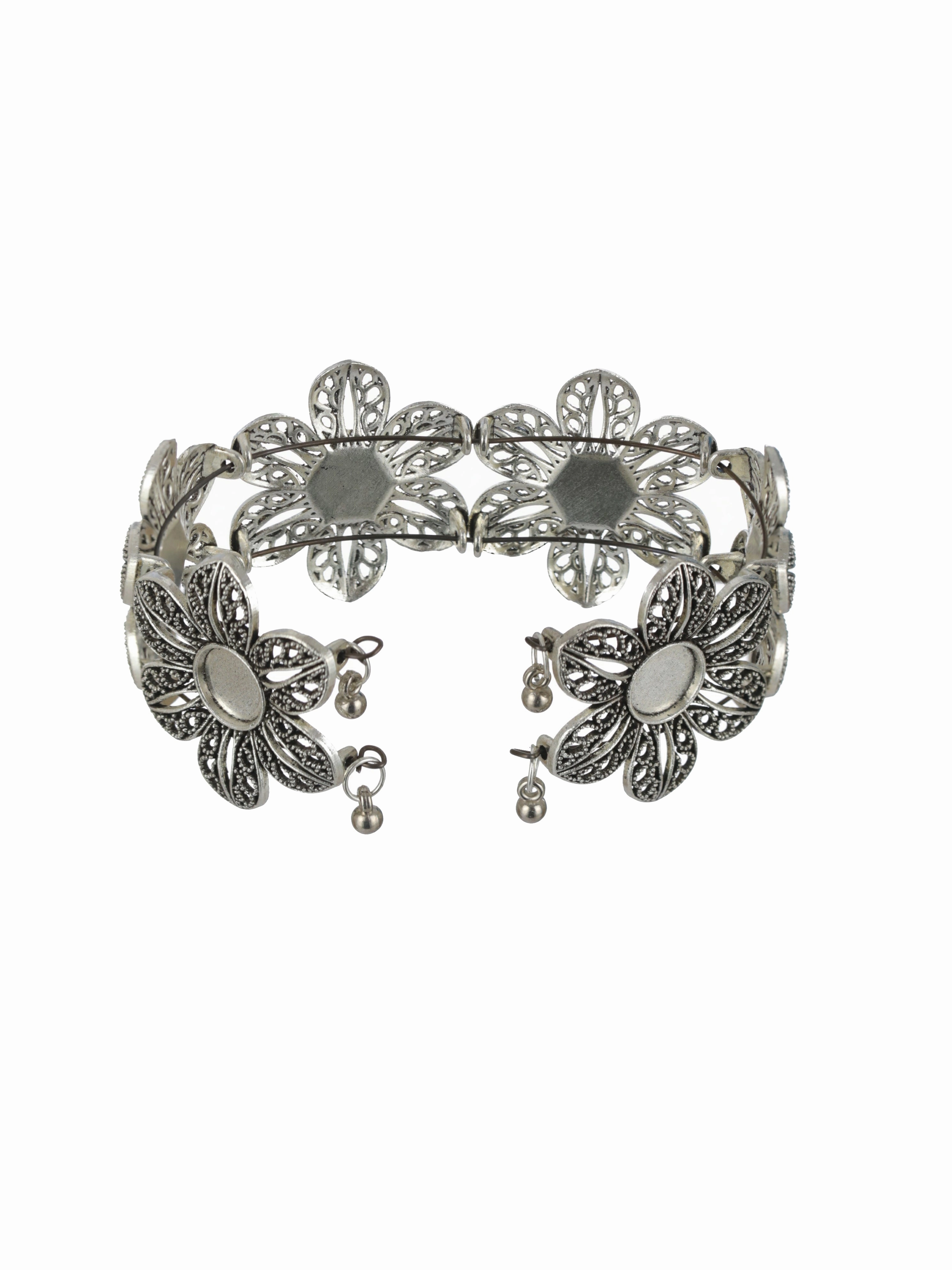 Women Silver-Plated & Floral Style Oxidised Bangle-Style Bracelet
