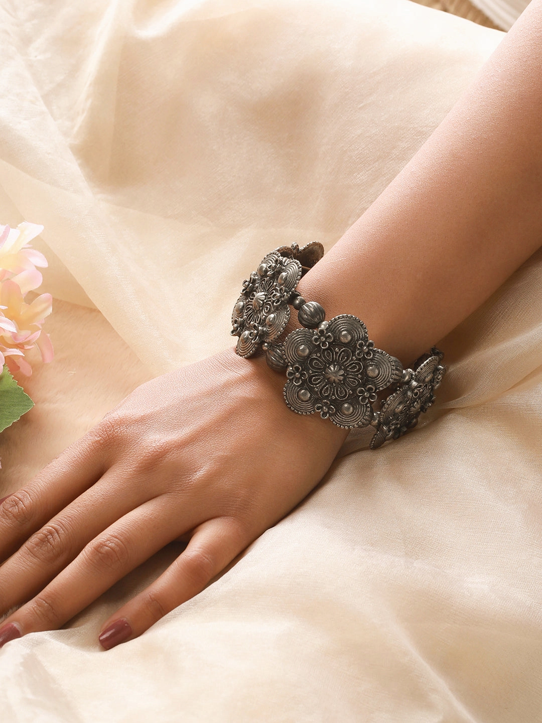 Women Silver-Toned Oxidised Bangle-Style Bracelet