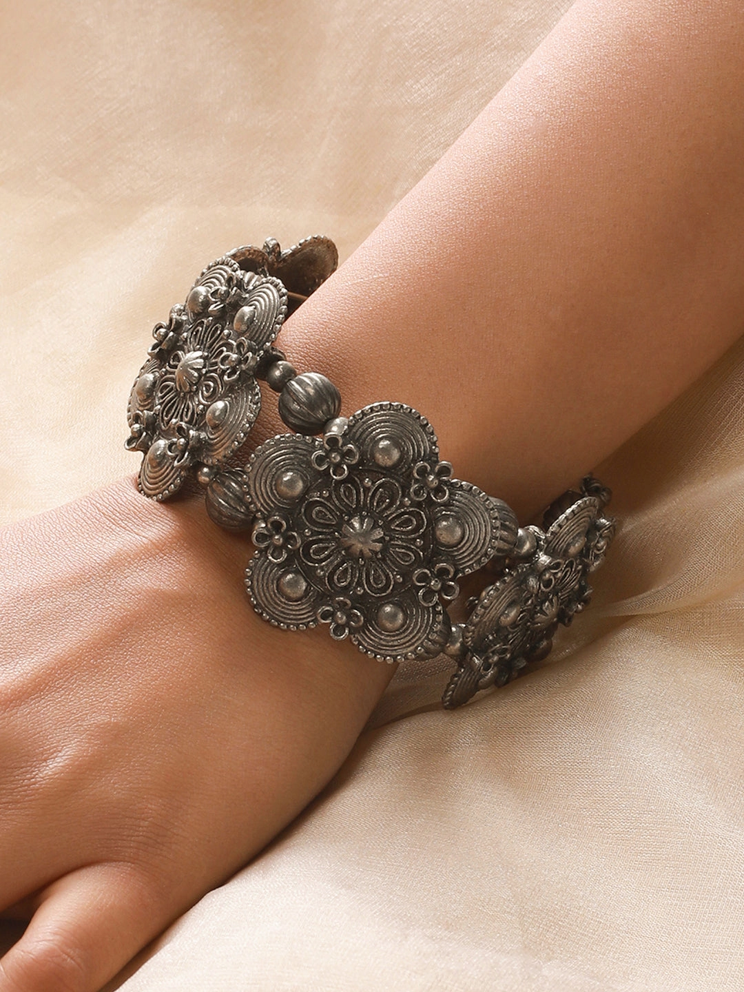 Women Silver-Toned Oxidised Bangle-Style Bracelet