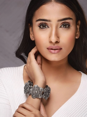 Women Silver-Toned Oxidised Bangle-Style Bracelet