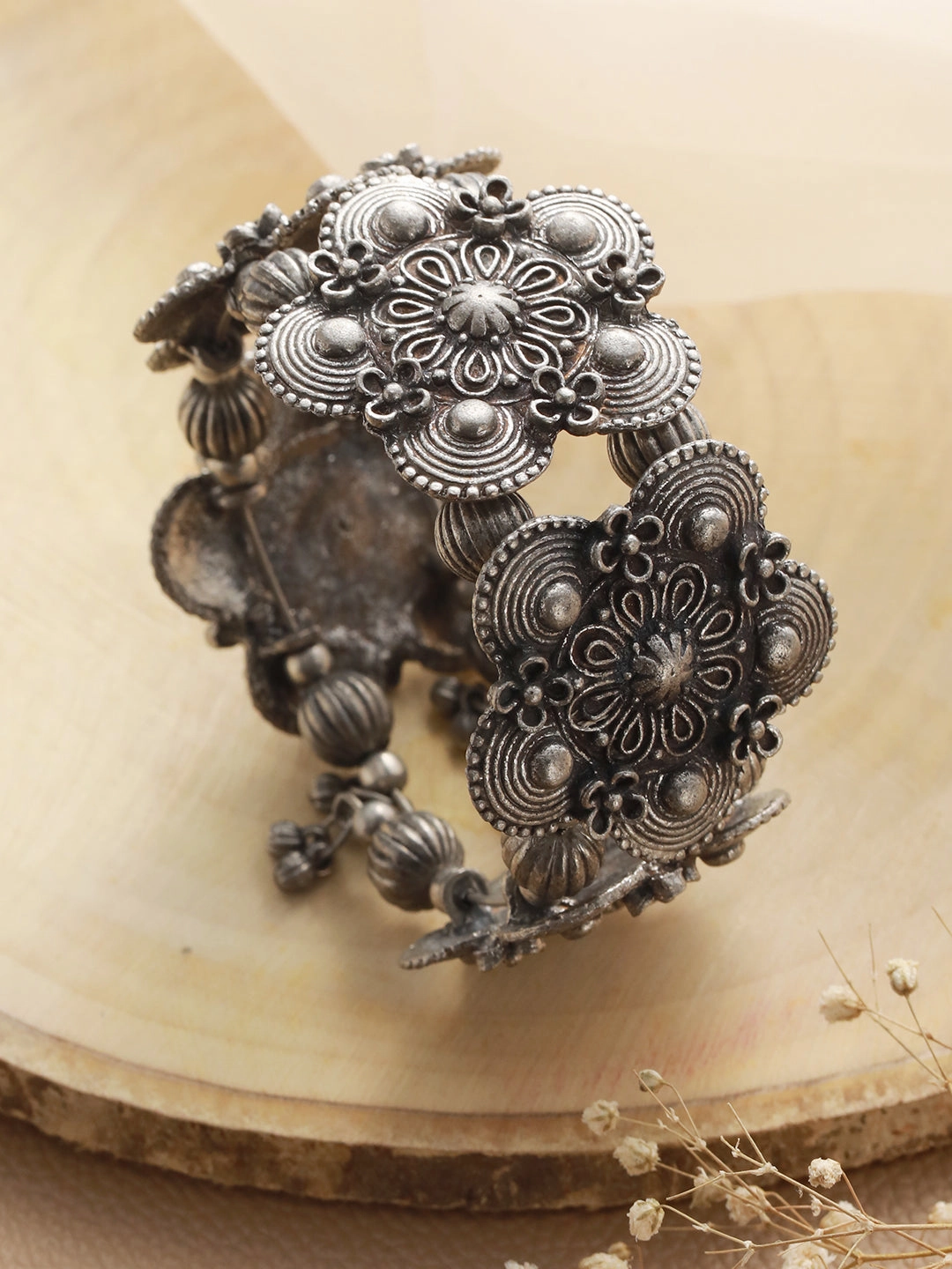Women Silver-Toned Oxidised Bangle-Style Bracelet
