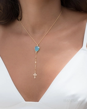 Y necklace Blue Chalcedony Cross ~ Gold Filled ~MN019