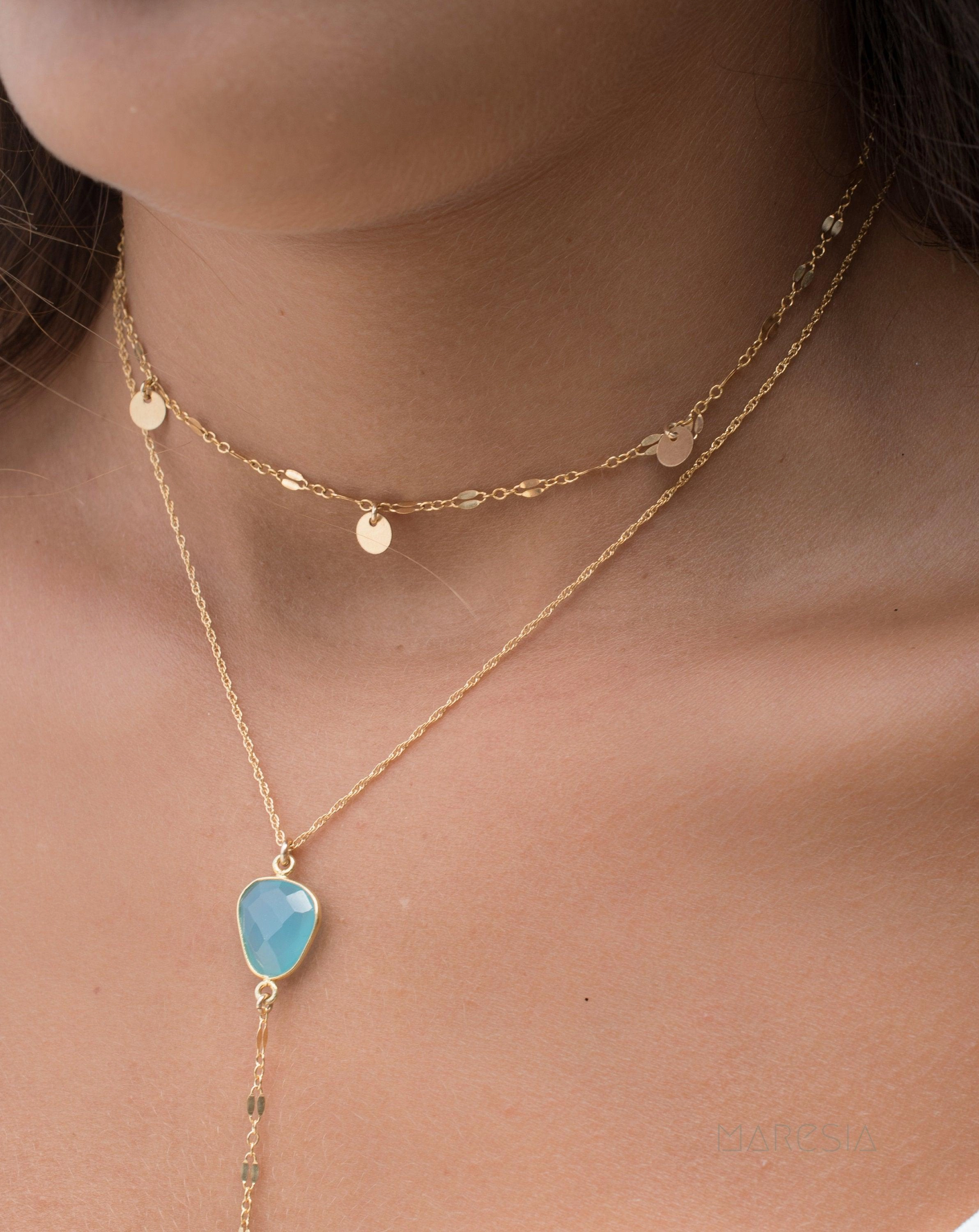 Y necklace Blue Chalcedony Cross ~ Gold Filled ~MN019