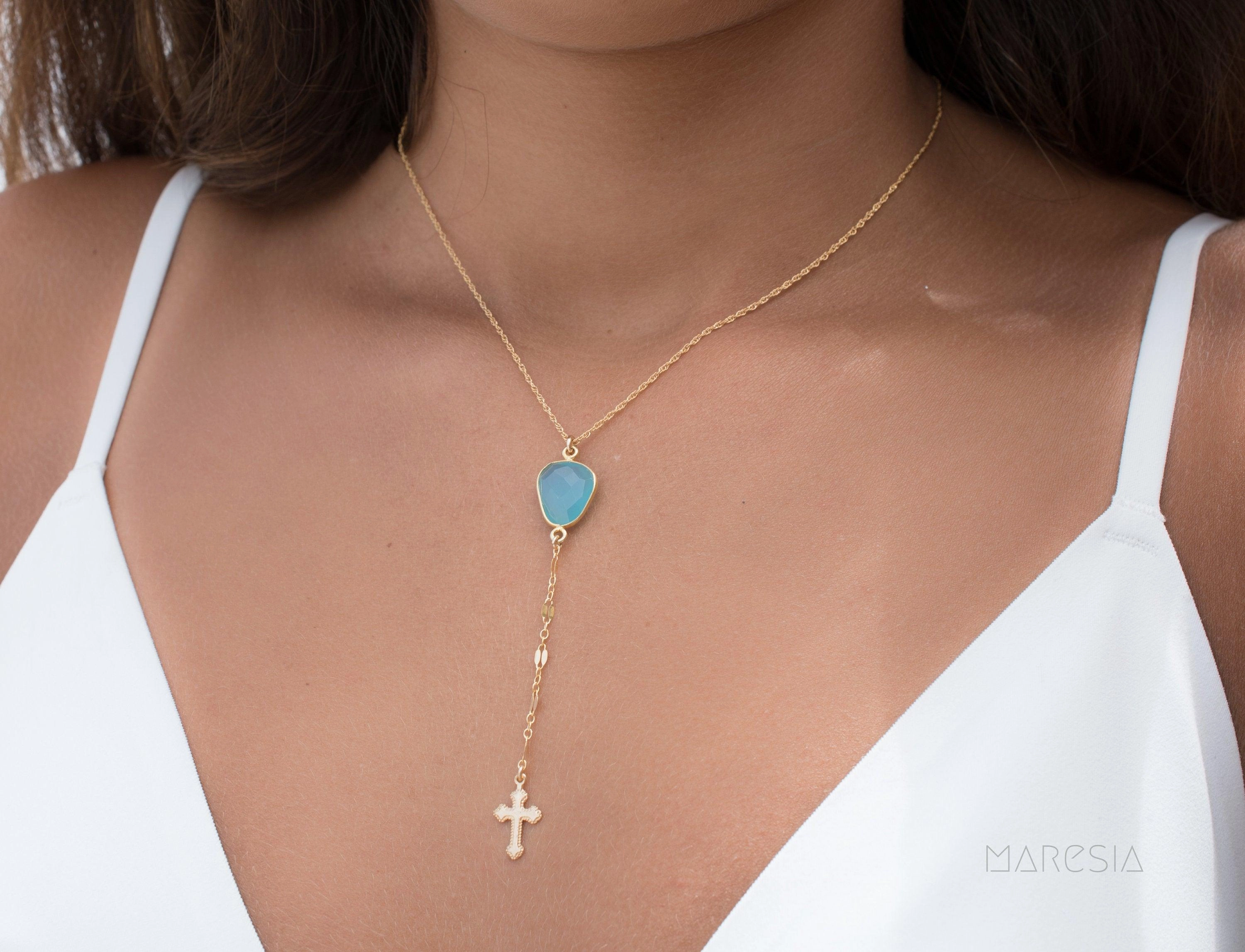 Y necklace Blue Chalcedony Cross ~ Gold Filled ~MN019
